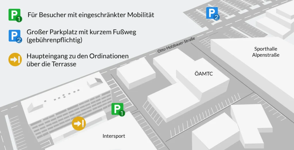 Anfahrtsplan zur Arztpraxis Salzburg Alpenstraße mit Patientenparkplatz, Bushaltestelle und barrierefreiem Zugang
